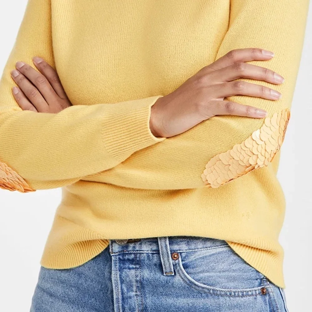 Tory Burch Jasmine Yellow Cashmere Sweater w/ Sequined Elbow Patches - Picture 6 of 9
